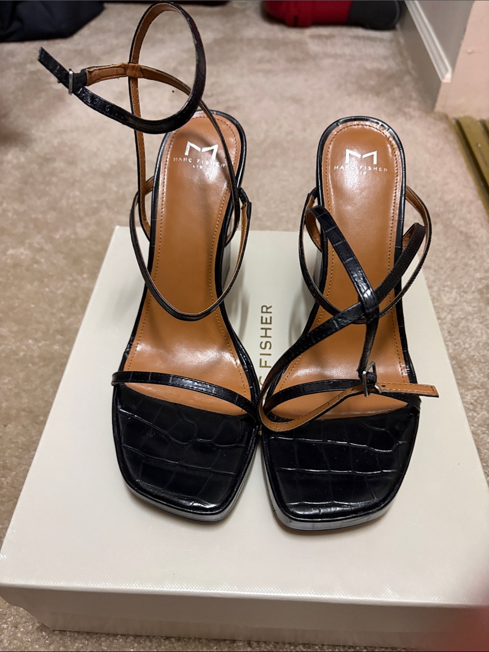 Marc Fisher Black Croc-Embossed Strappy Heels